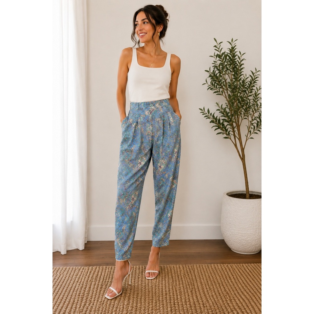 Vintage Sal Antony Paisley Pleated Tapered Pants Blue Periwinkle Silk Lined 80s